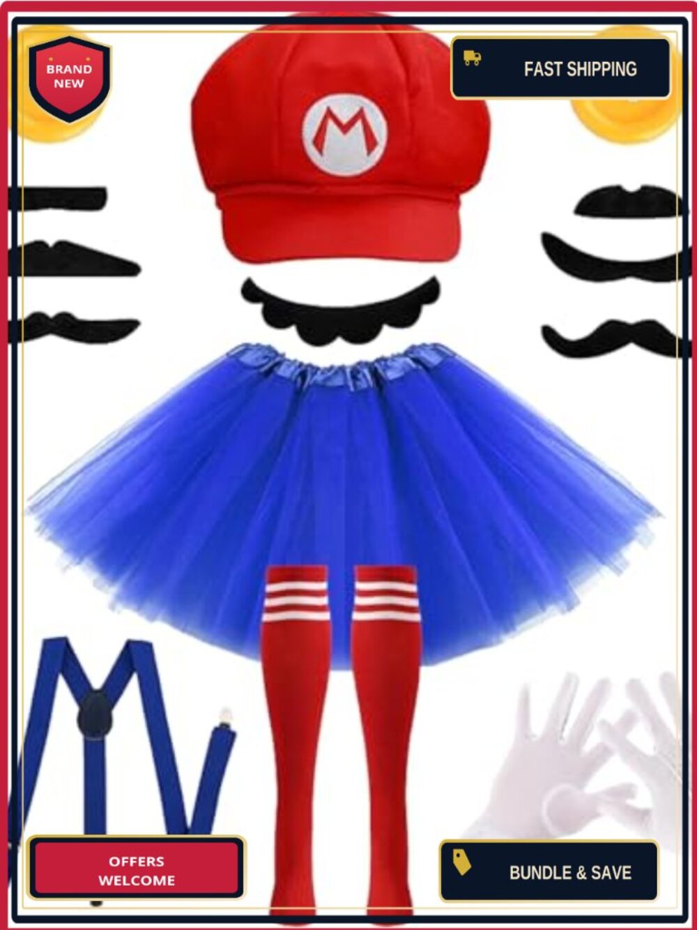 7 Pc Plumber Cosplay Costume Accessory Set Tutu Hat Beard Gloves Socks